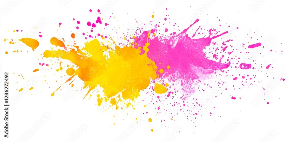 Obraz premium Vibrant pink and yellow paint splatters create an energetic abstract art background for design projects.