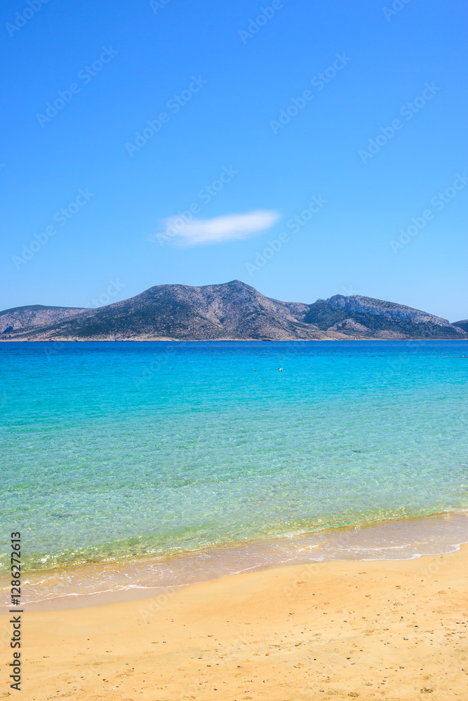 Ano Koufonisi. Finikas beach with sand and azure sea water. Small Cyclades, Greece