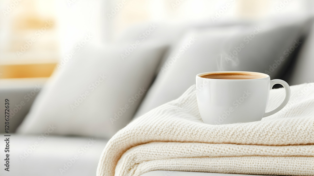 A cozy scene featuring a steaming cup of coffee on a soft blanket, perfect for a relaxing moment at home. A cozy scene featuring a steaming cup of coffee on a soft blanket, perfect for a relaxing moment at home.