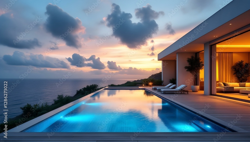 Fototapeta premium Luxury villa, infinity pool, ocean view, sunset, modern architecture, floor-to-ceiling windows