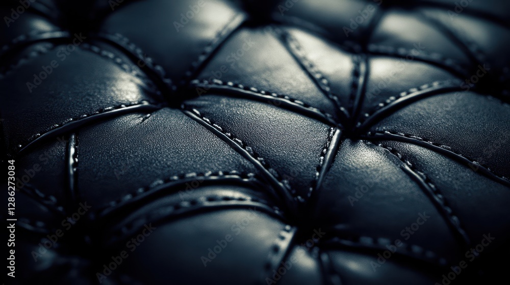 Obraz premium A detailed view of a black leather couch showcasing intricate stitching patterns and textures, highlighting its elegance and craftsmanship.