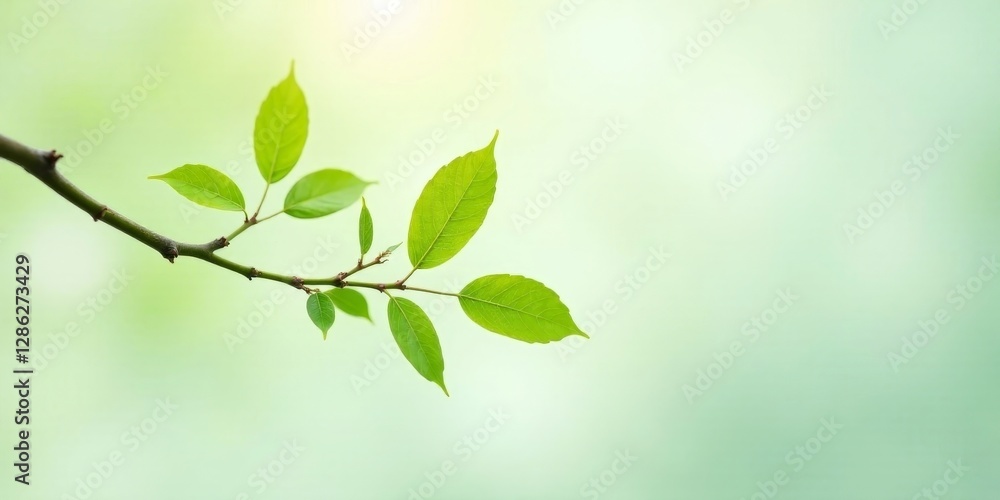 Obraz premium A Delicate Branch with Vibrant New Leaves Against a Soft Green Background, Symbolizing Renewal and the Beauty of Springtime