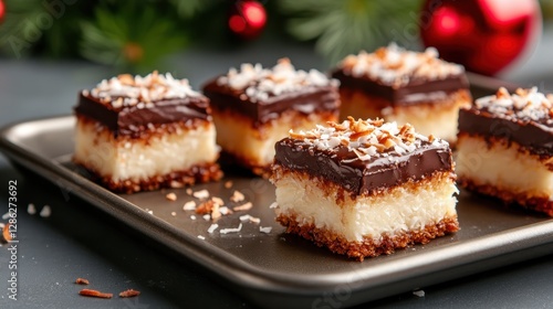 Wallpaper Mural Irresistible chocolate-covered coconut squares artfully arranged on a festive platter, showcasing a perfect blend of textures and rich flavors for dessert lovers. Torontodigital.ca