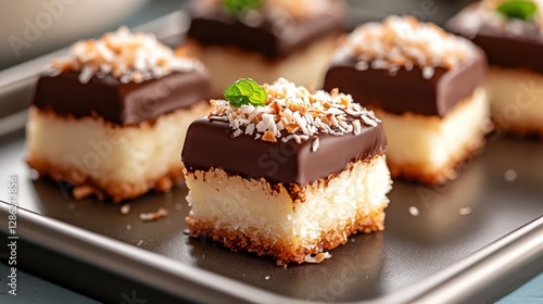These tempting dessert bites feature a creamy coconut base topped with rich chocolate and sprinkled with coconut flakes, perfect for sweet indulgence.