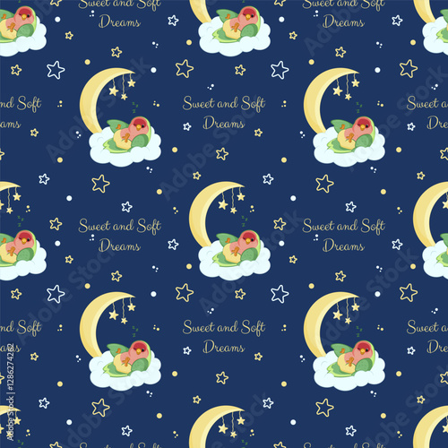 Seamless Pattern. Sweet dreams. Bird Sleeping In A Cloud. Lovebird Parrot. Blue Background.