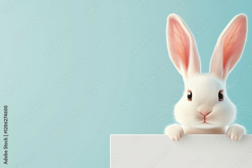 Obraz premium A fluffy white bunny peeks over a blank sign against a soft pastel background. With large ears and an adorable expression, this illustration is perfect for Easter, spring, and cute animal themes.