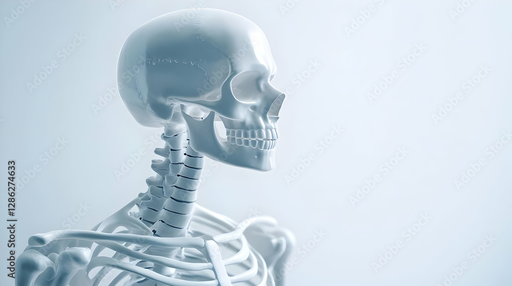 A detailed view of a human skeleton model against a minimalist background, highlighting anatomical features and structure. A detailed view of a human skeleton model against a minimalist background, highlighting anatomical features and structure.