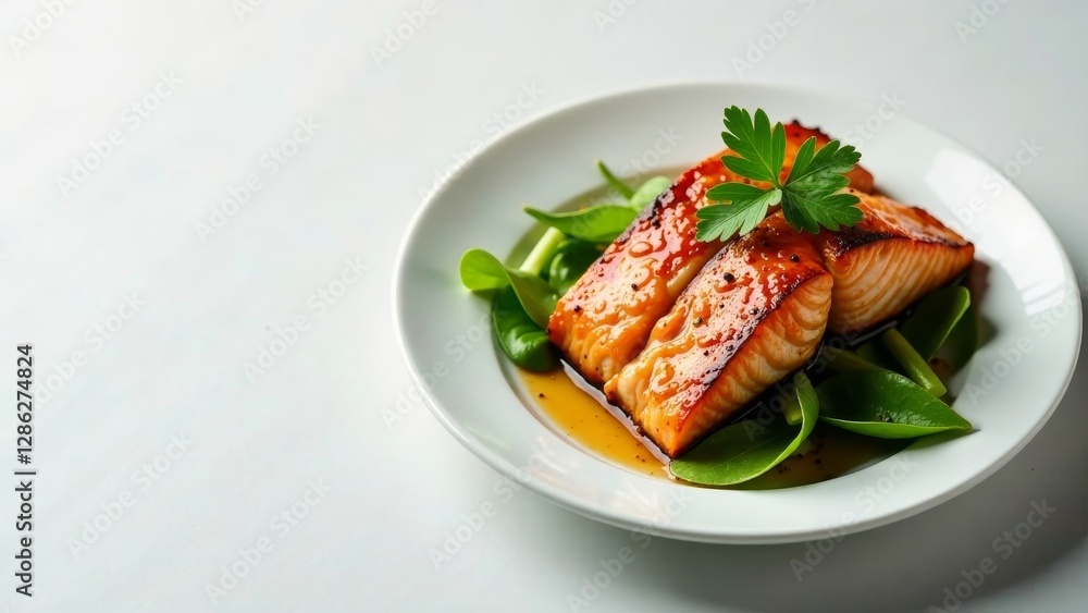 Glazed salmon fillets served on a bed of fresh greens, a delectable and healthy culinary creation, perfect for a sophisticated dinner Glazed salmon fillets served on a bed of fresh greens, a delectable and healthy culinary creation, perfect for a sophisticated dinner