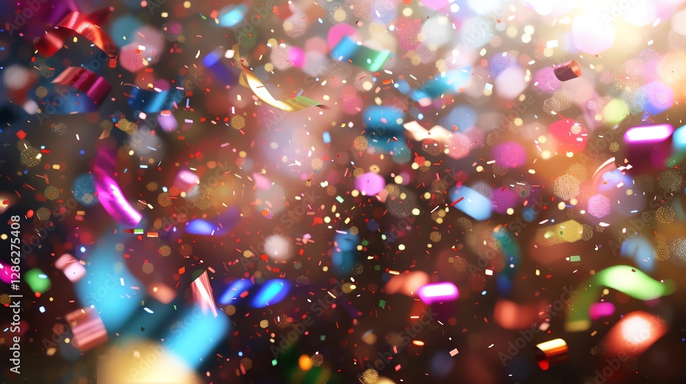 Colorful confetti falling through the air with blurry lights in the background. Colorful confetti falling through the air with blurry lights in the background.