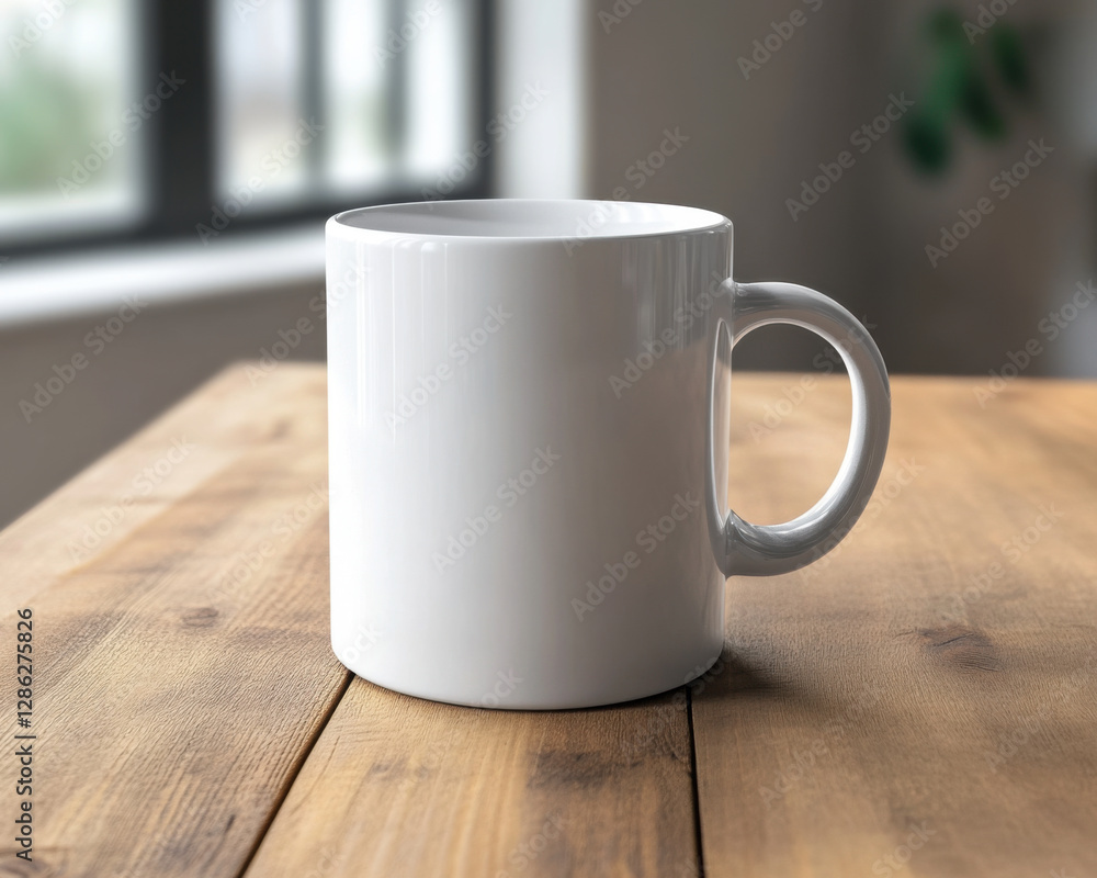 white ceramic mug on wooden table, perfect for showcasing designs white ceramic mug on wooden table, perfect for showcasing designs