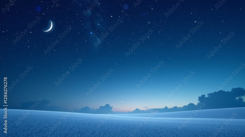 Serene Nightscape A crescent moon graces the twilight sky above a gently rolling landscape, stars scattered across a deep blue canvas, creating a peaceful and tranquil atmosphere. Serene Nightscape A crescent moon graces the twilight sky above a gently rolling landscape, stars scattered across a deep blue canvas, creating a peaceful and tranquil atmosphere.