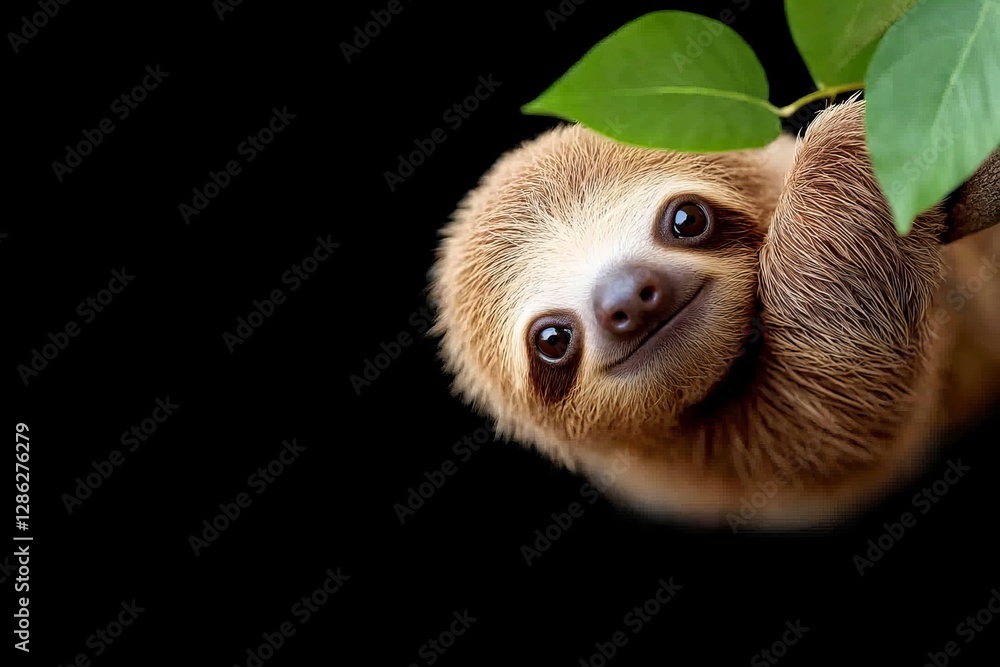 Naklejka premium Adorable sloth hanging from a branch with green leaves on black background
