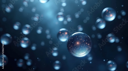 Wallpaper Mural A field of floating water droplets, each containing miniature galaxies, softly illuminated by interstellar light, drifting endlessly in the weightless void. Torontodigital.ca