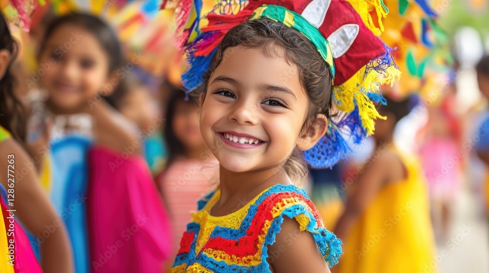 Fototapeta premium Young children in traditional carnival outfits, playing and enjoying festivities, with vibrant decorations and lively family crowd in background