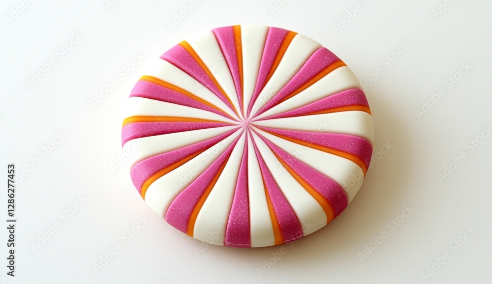 Circular candy with white, orange, and pink stripes radiating from the center. The candy has a sparkly, textured surface against a plain white Circular candy with white, orange, and pink stripes radiating from the center. The candy has a sparkly, textured surface against a plain white