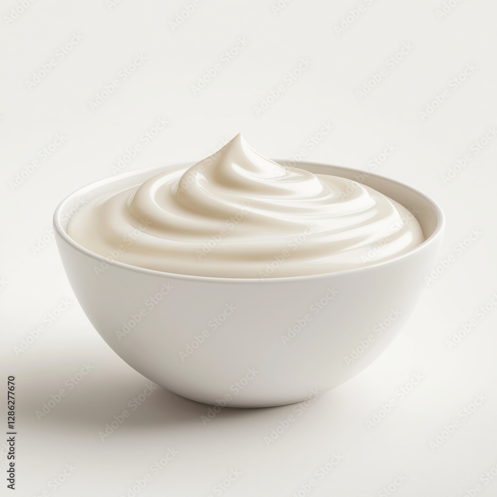 Swirl of Sour Cream in Bowl Isolated on White Background with Clipping Path, Featuring Fresh Greek Yogurt Swirl of Sour Cream in Bowl Isolated on White Background with Clipping Path, Featuring Fresh Greek Yogurt