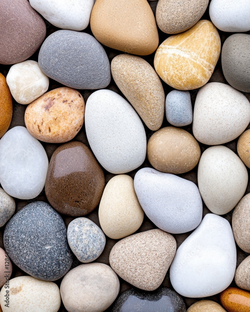 Collection of smooth, wet stones in varying shades of beige, brown, gray and white, arranged closely together. The image has a top down perspective Collection of smooth, wet stones in varying shades of beige, brown, gray and white, arranged closely together. The image has a top down perspective