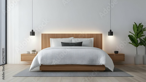 A modern bedroom featuring a stylish wooden bed, white bedding, and minimalist decor with ambient lighting.