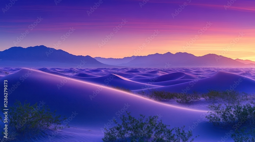 Fototapeta premium Desert Dunes Landscape at Sunset with Purple and Orange Sky
