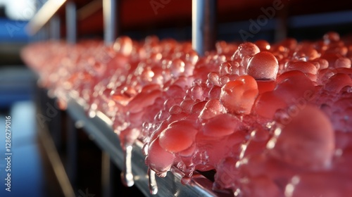 Icy Red Spheres Clinging to a Silver Metal Structure with a Cold Winter Atmosphere