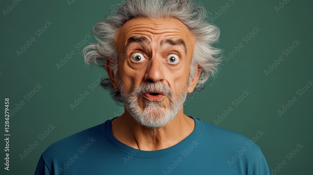 Man with a beard and gray hair is wearing a blue shirt and looking surprised. The image has a lighthearted and humorous mood Man with a beard and gray hair is wearing a blue shirt and looking surprised. The image has a lighthearted and humorous mood