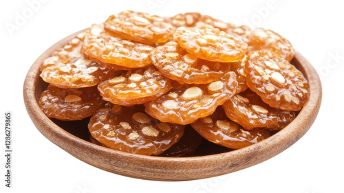 Sweets made from cooked sugar and nuts served in a wooden bowl at a festive gathering