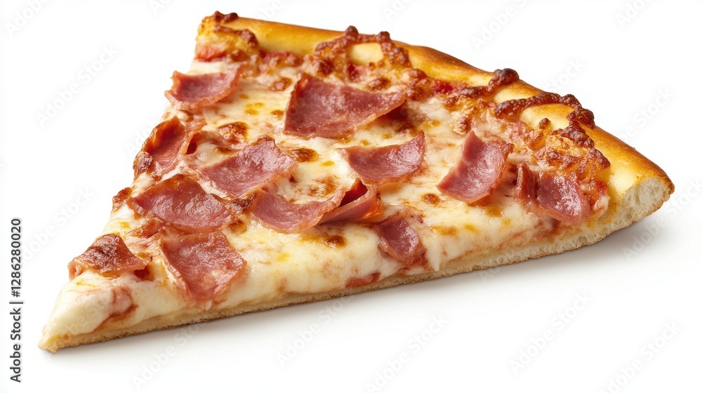 A single slice of pizza with melted cheese and meat toppings on a white background. The crust is golden brown and the meat is slightly browned A single slice of pizza with melted cheese and meat toppings on a white background. The crust is golden brown and the meat is slightly browned