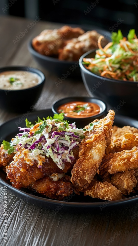 Crispy Fried Chicken and Tenders with Creamy and Spicy Sauces and Coleslaw of dish with delicious flavor and great presentation of food photography on black bowls and wooden table, high angle view Crispy Fried Chicken and Tenders with Creamy and Spicy Sauces and Coleslaw of dish with delicious flavor and great presentation of food photography on black bowls and wooden table, high angle view