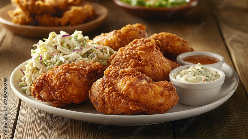 Crispy Fried Chicken with Creamy and Spicy Dipping Sauces and Coleslaw on Wooden Table And Plate of Food Photography of Restaurant Meal With Side Dishes and Sauces on Rustic Wooden Table with High Crispy Fried Chicken with Creamy and Spicy Dipping Sauces and Coleslaw on Wooden Table And Plate of Food Photography of Restaurant Meal With Side Dishes and Sauces on Rustic Wooden Table with High