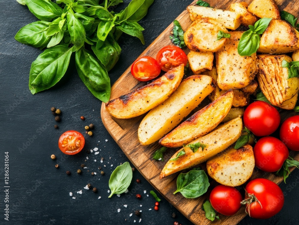 Crispy golden garlic bread slices with fresh basil cherry tomatoes and parmesan cheese arranged on wooden cutting board for rustic Italian appetizer concept Crispy golden garlic bread slices with fresh basil cherry tomatoes and parmesan cheese arranged on wooden cutting board for rustic Italian appetizer concept