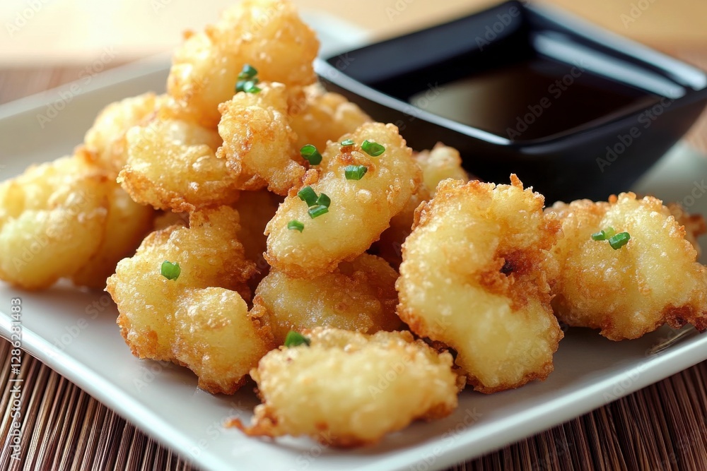 Crispy Golden Fried Shrimp Appetizer with Dark Sauce with Dark Sauce and Dipping Sauce in Plate on Tabletop Displaying Deliciousness of Dish Showing Taste and Flavor of Shrimp Food Item Served on Crispy Golden Fried Shrimp Appetizer with Dark Sauce with Dark Sauce and Dipping Sauce in Plate on Tabletop Displaying Deliciousness of Dish Showing Taste and Flavor of Shrimp Food Item Served on