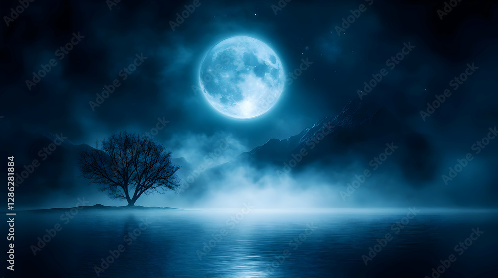 A serene night landscape featuring a full moon illuminating a misty lake and solitary tree, evoking tranquility and mystery. A serene night landscape featuring a full moon illuminating a misty lake and solitary tree, evoking tranquility and mystery.