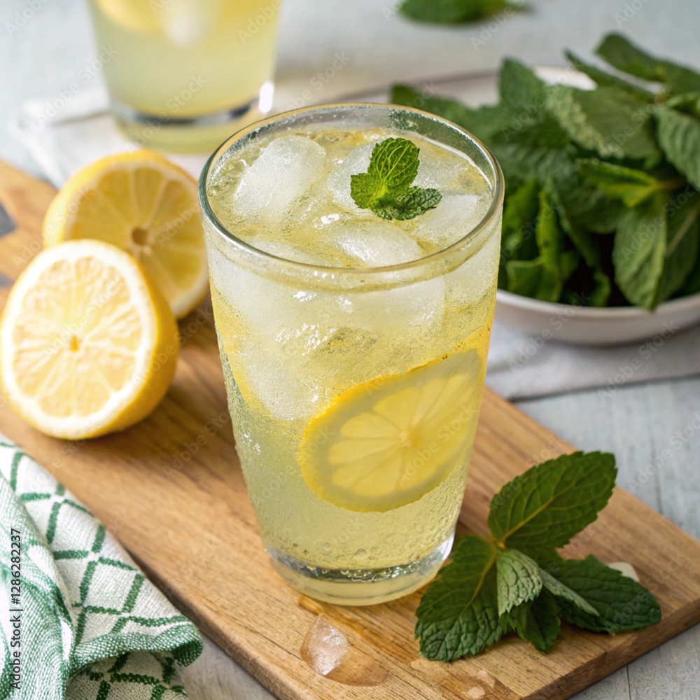 Fototapeta premium A glass of cold lemonade with a slice of lemon and mint leaves. 