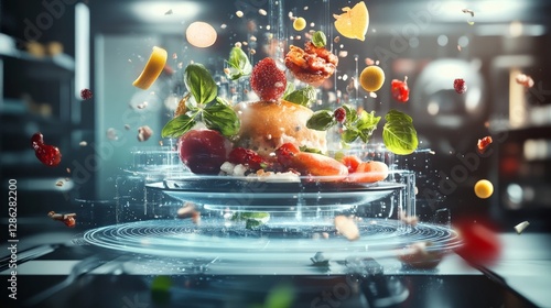 Fototapeta Naklejka Na Ścianę i Meble -  Futuristic 3D-rendered food collage where ingredients hover around a digital plate, representing high-tech food production.