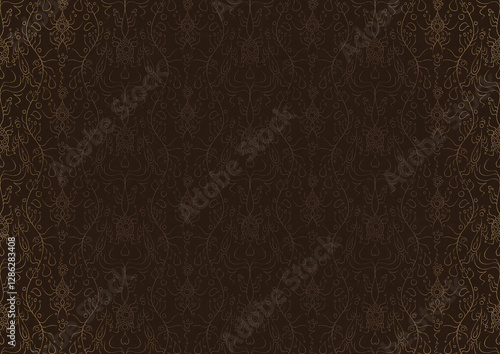 Wallpaper Mural Hand-drawn unique abstract ornament. Light semi transparent brown on a dark brown background, with vignette of same pattern in golden glitter. Paper texture. Digital artwork, A4. (pattern: p13-1c) Torontodigital.ca