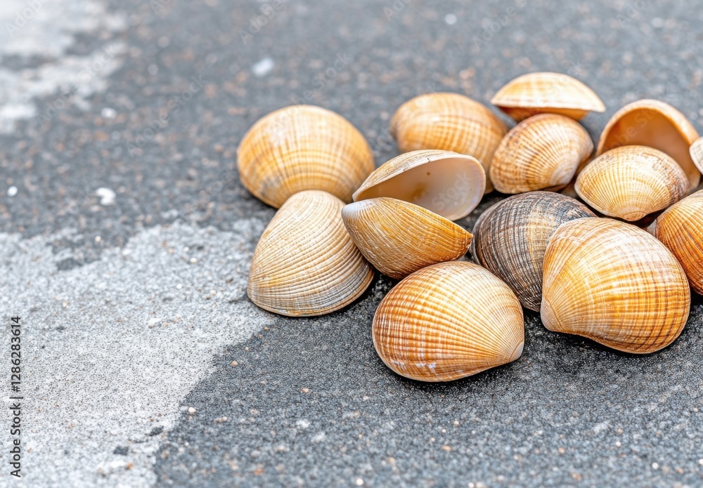 Seashells on dark gray surface, some open, others closed, showing variations in color and texture. A small amount of light colored sand is visible Seashells on dark gray surface, some open, others closed, showing variations in color and texture. A small amount of light colored sand is visible