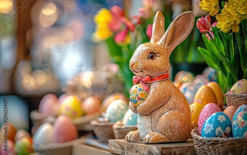 Easter holiday shopping scene with festive market decorations