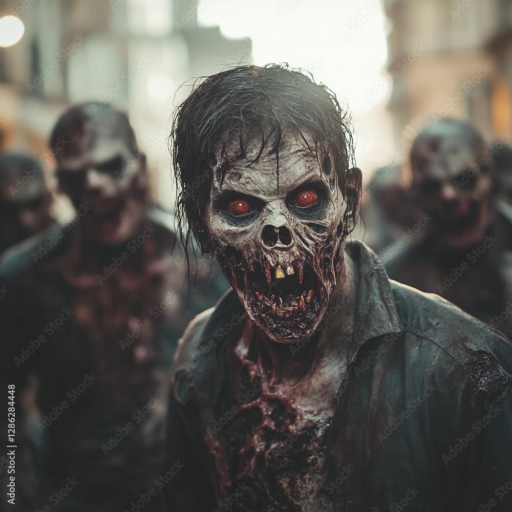 Terrifying horde of zombies haunting an abandoned street in the late afternoon Terrifying horde of zombies haunting an abandoned street in the late afternoon