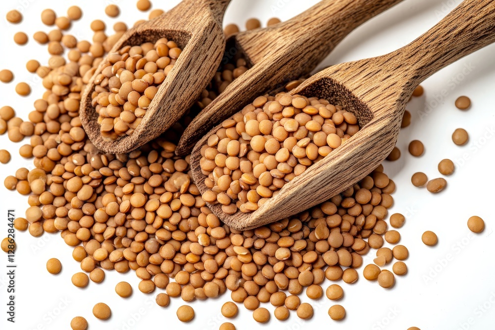 Naklejka premium Brown Lentils in Wooden Scoops - Close-up shot of brown lentils spilling from three rustic wooden scoops against a white background