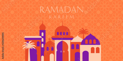 Ramadan Kareem Eid Mubarak greeting card, poster, social media banner cover design template modern geometric style, graphic print