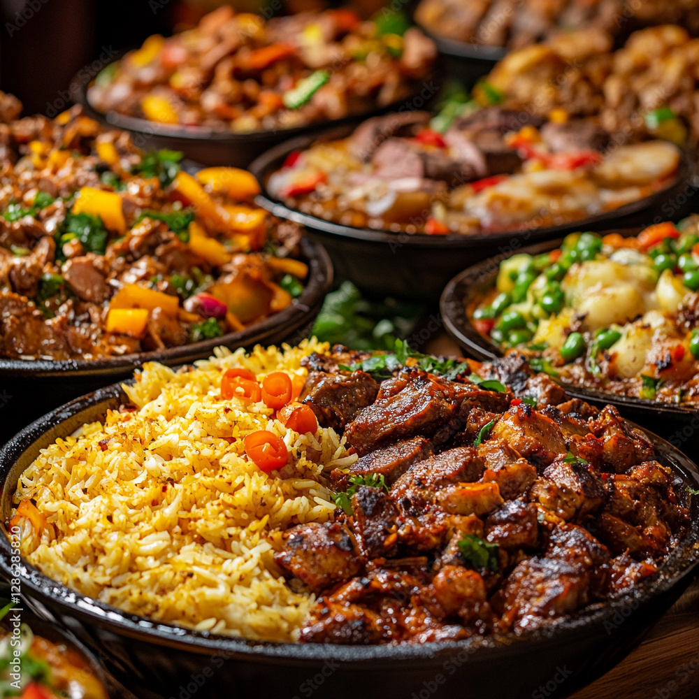 Diverse array of flavorful dishes served on black bowls at a lively gathering during evening hours Diverse array of flavorful dishes served on black bowls at a lively gathering during evening hours