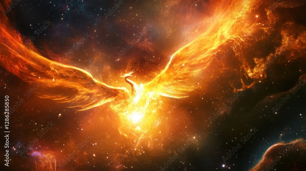 Obraz premium A radiant celestial phoenix rises from the remnants of a dying supernova, igniting the cosmos