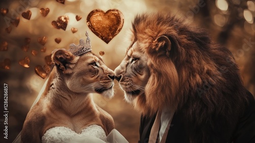 real picture of 2 lion couples getting married, the atmosphere is full of love and romance. 1 lioness wearing a crown and wedding dress. 1 male lion wearing a tie.