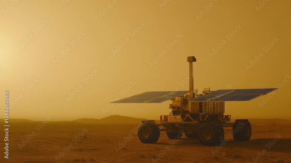 Fototapeta premium Mars Rover Exploring Surface with Solar Panels in Dusty Landscape