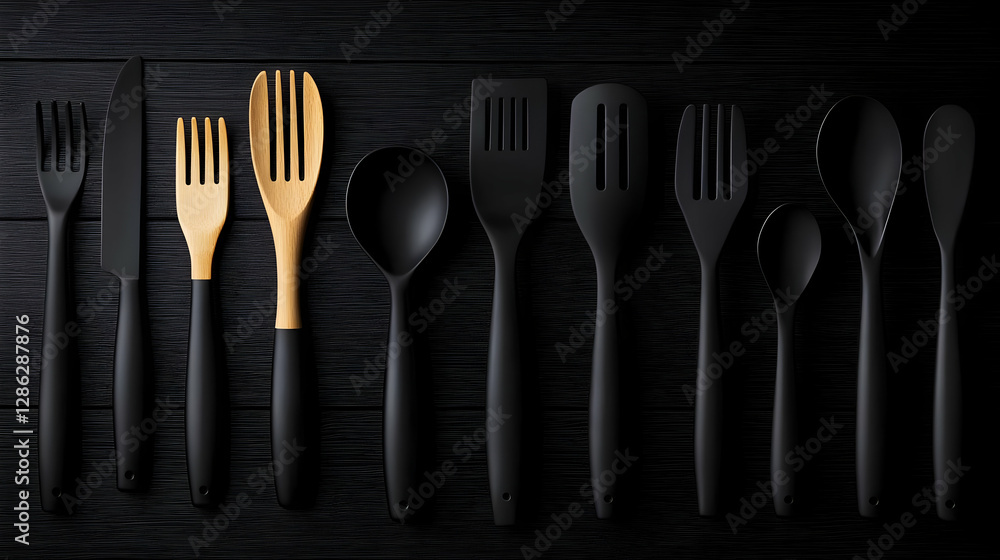 A stylish arrangement of modern kitchen utensils featuring wooden and black spatulas, forks, and spoons against a dark background. A stylish arrangement of modern kitchen utensils featuring wooden and black spatulas, forks, and spoons against a dark background.