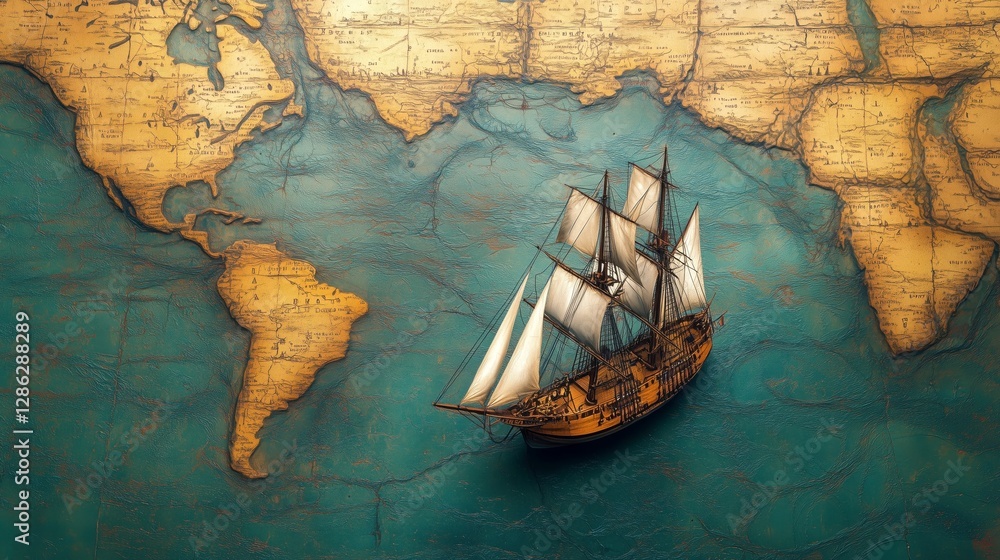 Obraz premium Miniature caravel sailing the ocean on an ancient world map, evoking the age of exploration and seafaring adventures
