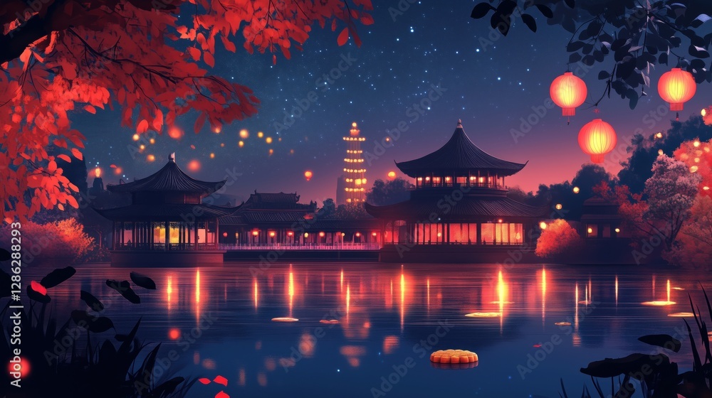 Fototapeta premium Tranquil mid-autumn festival night scene with glowing lanterns illuminating traditional chinese buildings by a serene lake