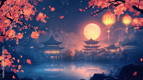 Red lanterns hanging from blooming cherry blossoms illuminate traditional chinese buildings reflected in a lake under a large full moon