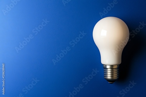 An incandescent light bulb glowing on a blue background, leaving room for text