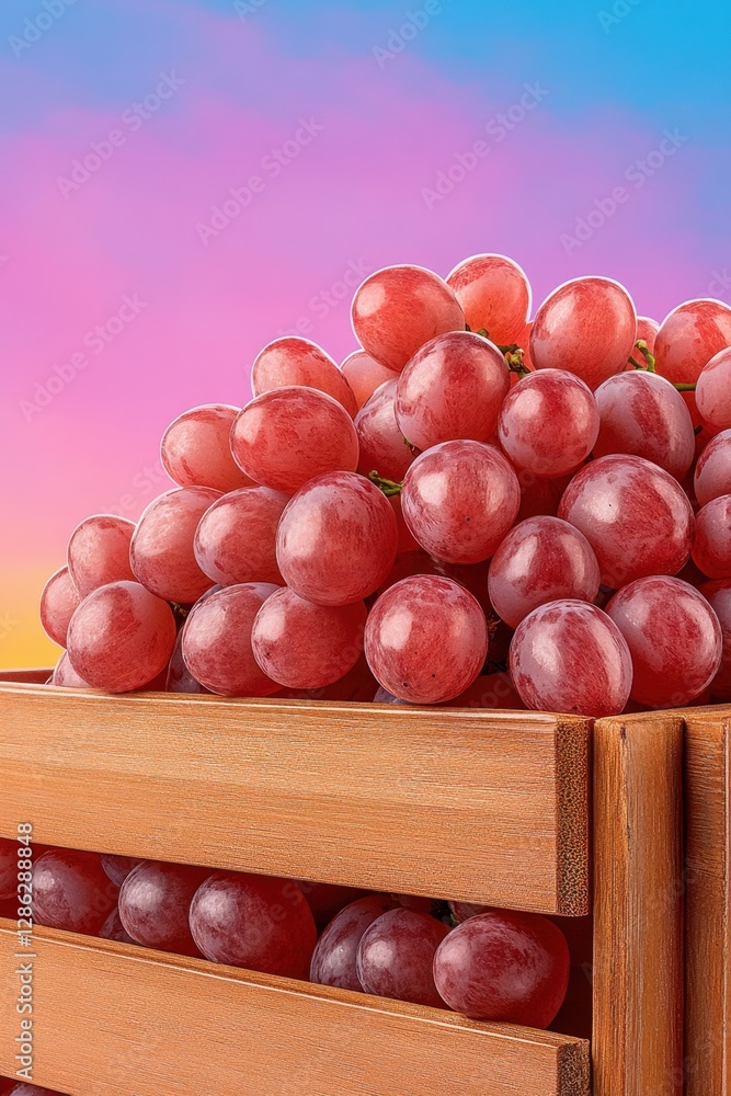 Close up view of red grapes in a wooden crate against a vibrant pink and blue gradient background. The grapes appear plump and juicy, with a slight Close up view of red grapes in a wooden crate against a vibrant pink and blue gradient background. The grapes appear plump and juicy, with a slight
